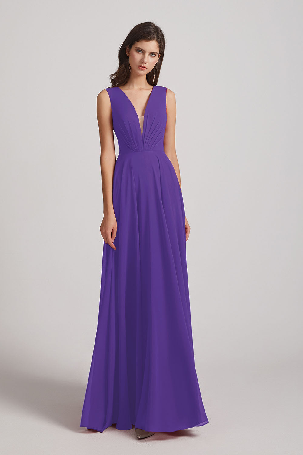 Alfa Bridal Purple V-Neck Crinkle Sleeveless Chiffon Bridesmaid Dresses (AF0061)