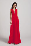 Alfa Bridal Red V-Neck Crinkle Sleeveless Chiffon Bridesmaid Dresses (AF0061)