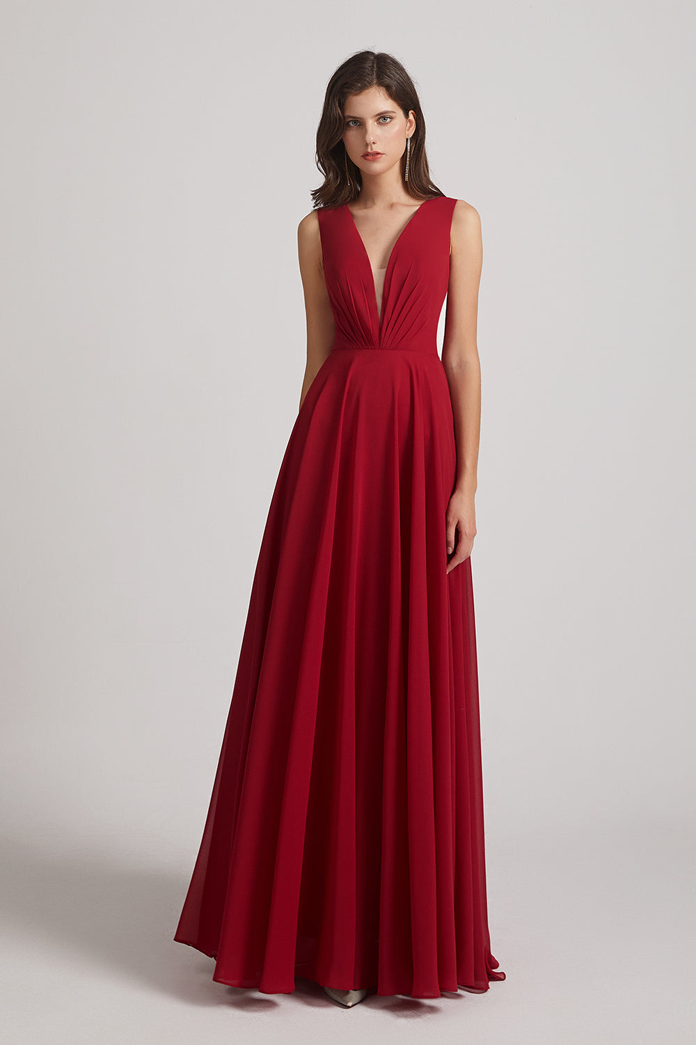 Alfa Bridal Dark Red V-Neck Crinkle Sleeveless Chiffon Bridesmaid Dresses (AF0061)