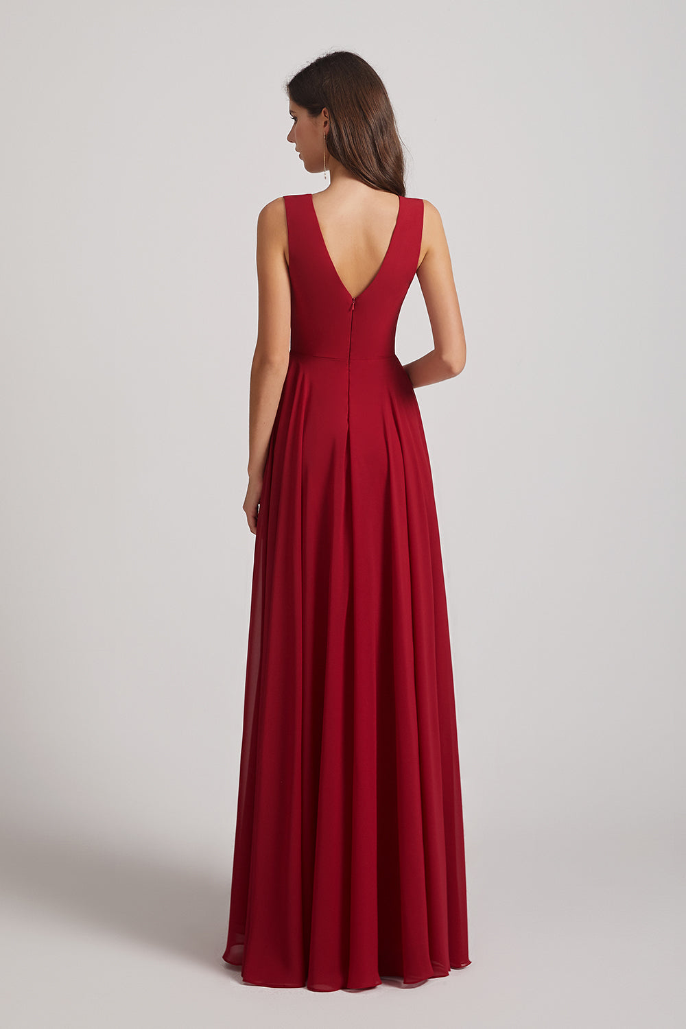 Alfa Bridal Dark Red V-Neck Crinkle Sleeveless Chiffon Bridesmaid Dresses (AF0061)