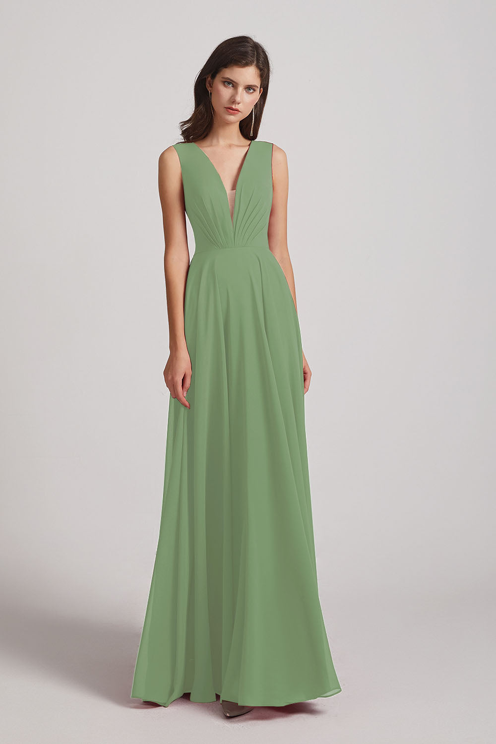 Alfa Bridal Seagrass V-Neck Crinkle Sleeveless Chiffon Bridesmaid Dresses (AF0061)