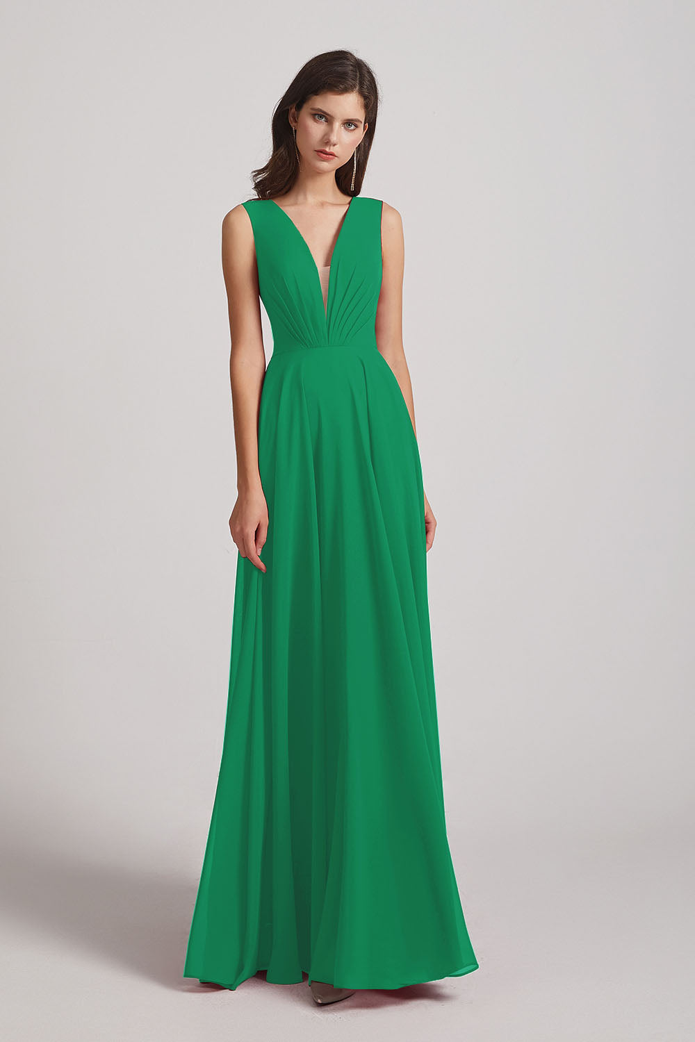 Alfa Bridal Shamrock Green V-Neck Crinkle Sleeveless Chiffon Bridesmaid Dresses (AF0061)