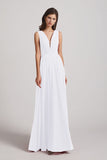 Alfa Bridal White V-Neck Crinkle Sleeveless Chiffon Bridesmaid Dresses (AF0061)