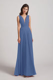 Alfa Bridal Windsor Blue V-Neck Crinkle Sleeveless Chiffon Bridesmaid Dresses (AF0061)