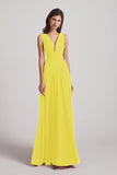 Alfa Bridal Yellow V-Neck Crinkle Sleeveless Chiffon Bridesmaid Dresses (AF0061)
