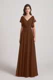 Alfa Bridal Brown V-Neck Pleated Chiffon Bridesmaid Dresses with Open Flutter Sleeves (AF0098)