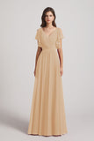 Alfa Bridal Champagne V-Neck Pleated Chiffon Bridesmaid Dresses with Open Flutter Sleeves (AF0098)