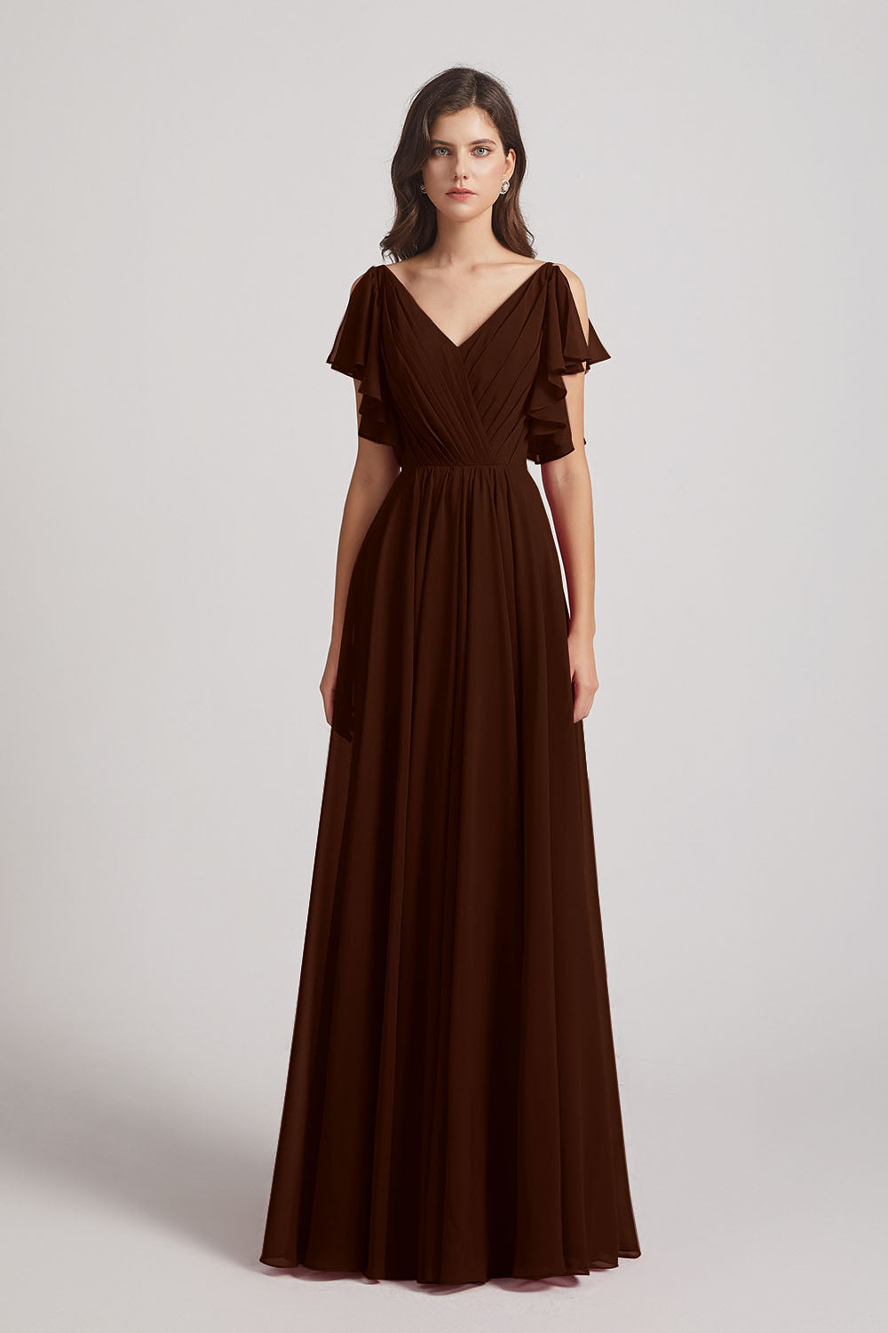 Alfa Bridal Chocolate V-Neck Pleated Chiffon Bridesmaid Dresses with Open Flutter Sleeves (AF0098)