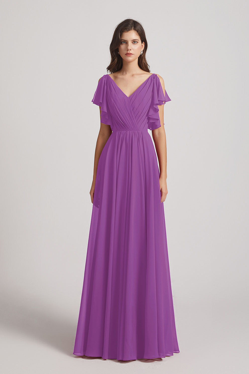 Alfa Bridal Dahlia V-Neck Pleated Chiffon Bridesmaid Dresses with Open Flutter Sleeves (AF0098)