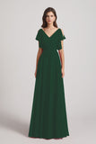 Alfa Bridal Dark Green V-Neck Pleated Chiffon Bridesmaid Dresses with Open Flutter Sleeves (AF0098)
