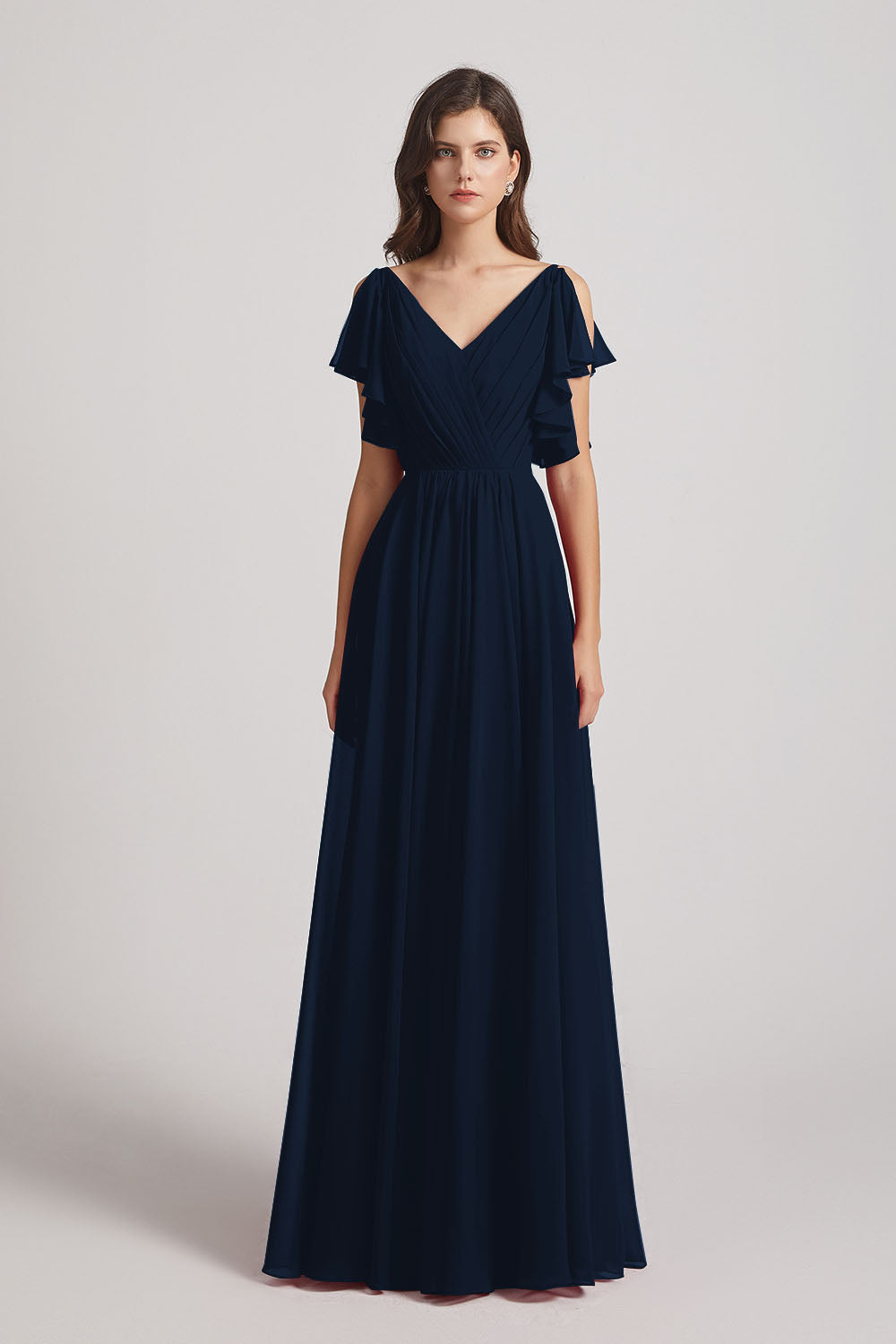 Alfa Bridal Dark Navy V-Neck Pleated Chiffon Bridesmaid Dresses with Open Flutter Sleeves (AF0098)
