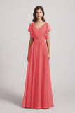 Alfa Bridal Desert Rose V-Neck Pleated Chiffon Bridesmaid Dresses with Open Flutter Sleeves (AF0098)