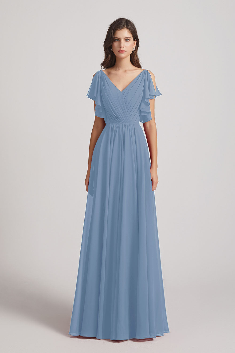Alfa Bridal Dusty Blue V-Neck Pleated Chiffon Bridesmaid Dresses with Open Flutter Sleeves (AF0098)