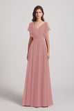 Alfa Bridal Dusty Pink V-Neck Pleated Chiffon Bridesmaid Dresses with Open Flutter Sleeves (AF0098)