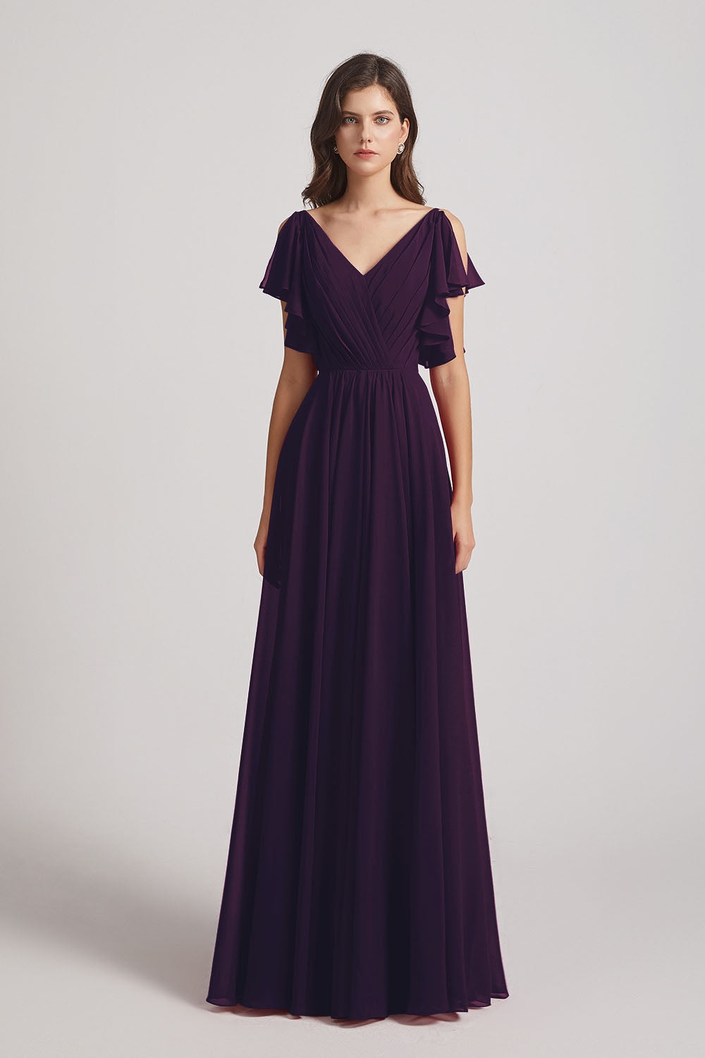 Alfa Bridal Grape V-Neck Pleated Chiffon Bridesmaid Dresses with Open Flutter Sleeves (AF0098)