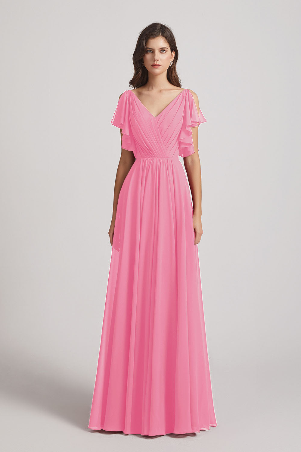 Alfa Bridal Hot Pink V-Neck Pleated Chiffon Bridesmaid Dresses with Open Flutter Sleeves (AF0098)