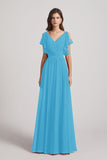 Alfa Bridal Ice Blue V-Neck Pleated Chiffon Bridesmaid Dresses with Open Flutter Sleeves (AF0098)