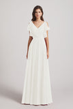 Alfa Bridal Ivory V-Neck Pleated Chiffon Bridesmaid Dresses with Open Flutter Sleeves (AF0098)