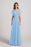 Alfa Bridal Light Sky Blue V-Neck Pleated Chiffon Bridesmaid Dresses with Open Flutter Sleeves (AF0098)