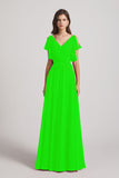 Alfa Bridal Lime Green V-Neck Pleated Chiffon Bridesmaid Dresses with Open Flutter Sleeves (AF0098)