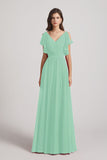 Alfa Bridal Mint Green V-Neck Pleated Chiffon Bridesmaid Dresses with Open Flutter Sleeves (AF0098)