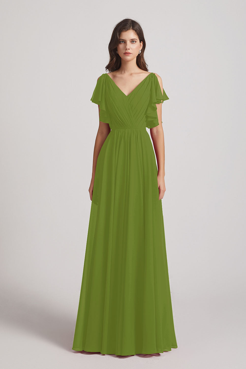 Alfa Bridal Olive Green V-Neck Pleated Chiffon Bridesmaid Dresses with Open Flutter Sleeves (AF0098)