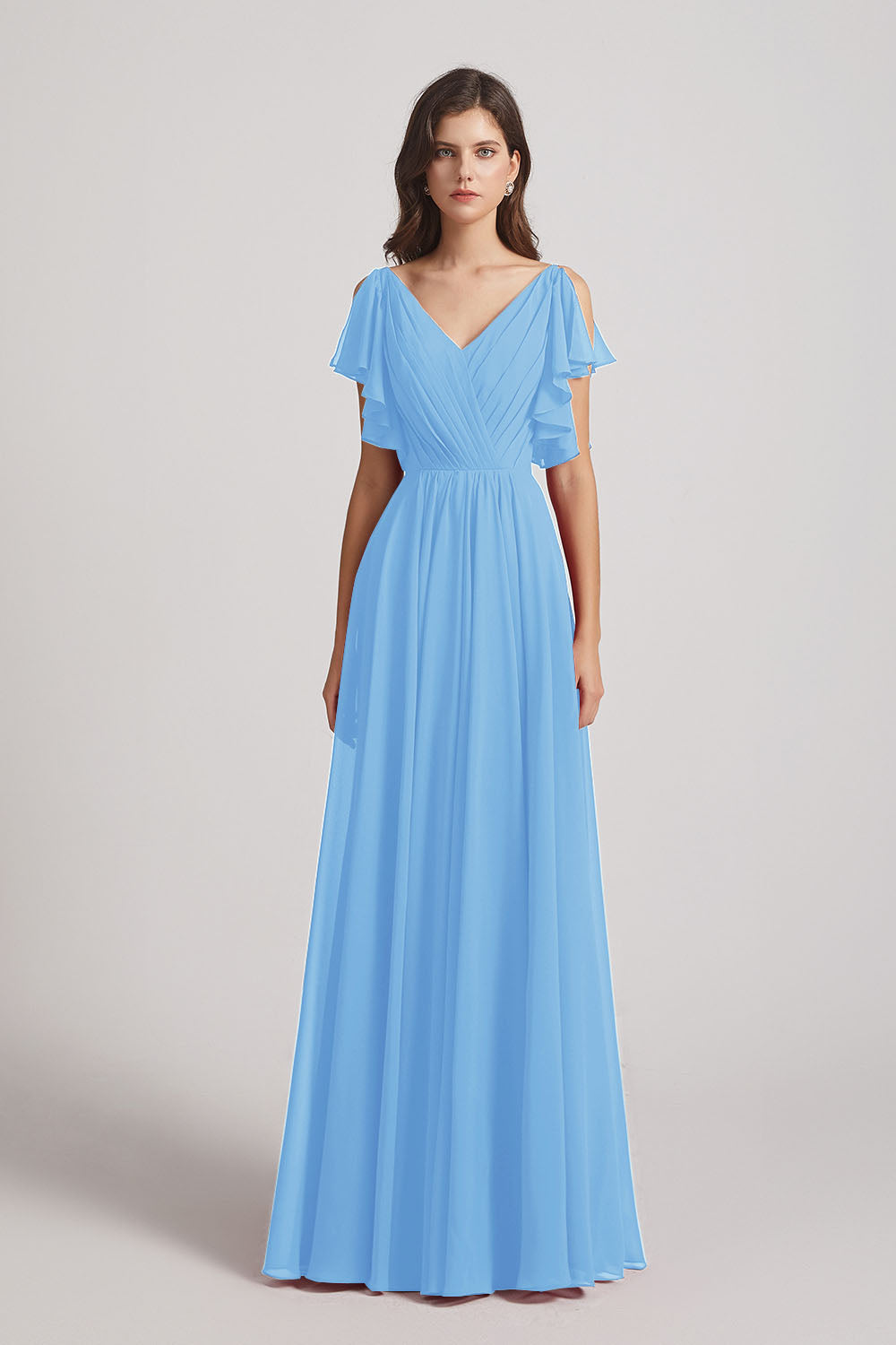 Alfa Bridal Periwinkle V-Neck Pleated Chiffon Bridesmaid Dresses with Open Flutter Sleeves (AF0098)