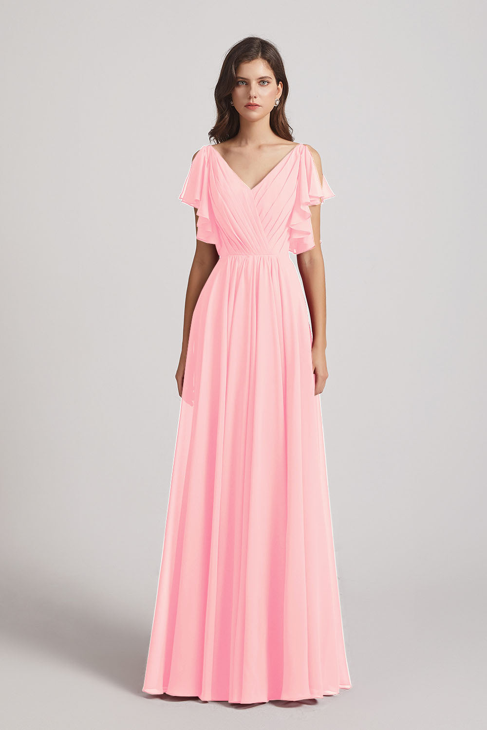 Alfa Bridal Pink V-Neck Pleated Chiffon Bridesmaid Dresses with Open Flutter Sleeves (AF0098)
