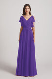 Alfa Bridal Purple V-Neck Pleated Chiffon Bridesmaid Dresses with Open Flutter Sleeves (AF0098)