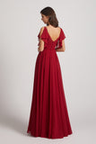 Alfa Bridal Dark Red V-Neck Pleated Chiffon Bridesmaid Dresses with Open Flutter Sleeves (AF0098)