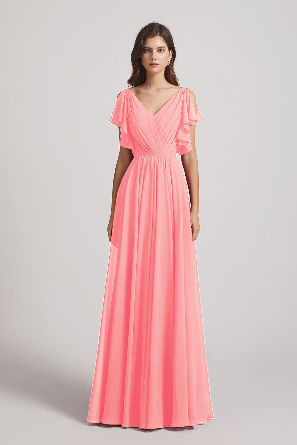 Alfa Bridal Salmon V-Neck Pleated Chiffon Bridesmaid Dresses with Open Flutter Sleeves (AF0098)