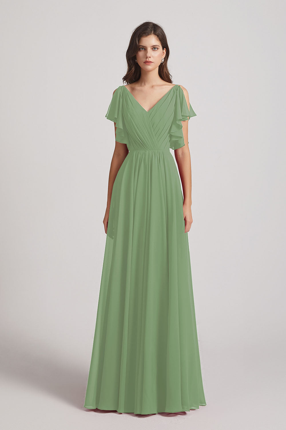 Alfa Bridal Seagrass V-Neck Pleated Chiffon Bridesmaid Dresses with Open Flutter Sleeves (AF0098)