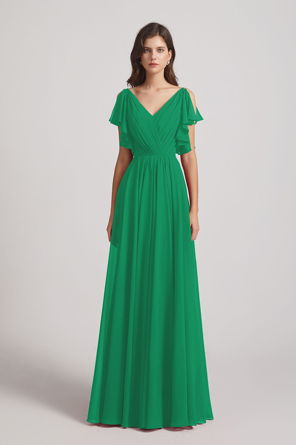 Alfa Bridal Shamrock Green V-Neck Pleated Chiffon Bridesmaid Dresses with Open Flutter Sleeves (AF0098)