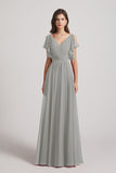 Alfa Bridal Silver V-Neck Pleated Chiffon Bridesmaid Dresses with Open Flutter Sleeves (AF0098)