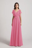 Alfa Bridal Skin Pink V-Neck Pleated Chiffon Bridesmaid Dresses with Open Flutter Sleeves (AF0098)