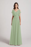 Alfa Bridal Smoke Green V-Neck Pleated Chiffon Bridesmaid Dresses with Open Flutter Sleeves (AF0098)