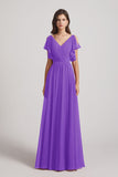 Alfa Bridal Tahiti V-Neck Pleated Chiffon Bridesmaid Dresses with Open Flutter Sleeves (AF0098)
