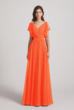 Alfa Bridal Tangerine Tango V-Neck Pleated Chiffon Bridesmaid Dresses with Open Flutter Sleeves (AF0098)