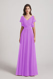 Alfa Bridal Violet V-Neck Pleated Chiffon Bridesmaid Dresses with Open Flutter Sleeves (AF0098)
