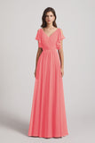 Alfa Bridal Watermelon V-Neck Pleated Chiffon Bridesmaid Dresses with Open Flutter Sleeves (AF0098)