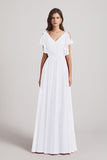 Alfa Bridal White V-Neck Pleated Chiffon Bridesmaid Dresses with Open Flutter Sleeves (AF0098)