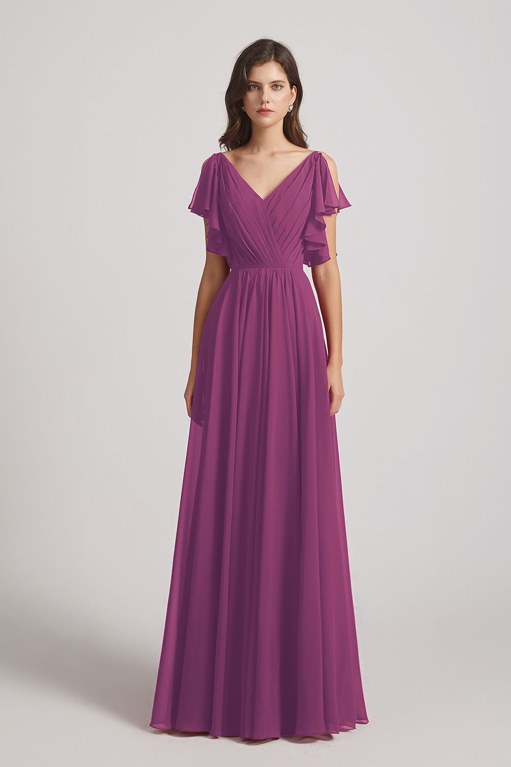 Alfa Bridal Wild Berry V-Neck Pleated Chiffon Bridesmaid Dresses with Open Flutter Sleeves (AF0098)