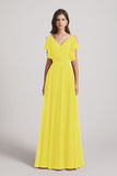 Alfa Bridal Yellow V-Neck Pleated Chiffon Bridesmaid Dresses with Open Flutter Sleeves (AF0098)