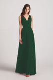 Alfa Bridal Dark Green V-Neck Pleated Chiffon Criss-cross Straps Bridesmaid Dresses (AF0170)