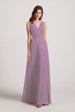 Alfa Bridal Dark Lavender V-Neck Pleated Chiffon Criss-cross Straps Bridesmaid Dresses (AF0170)