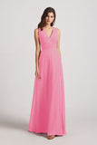 Alfa Bridal Hot Pink V-Neck Pleated Chiffon Criss-cross Straps Bridesmaid Dresses (AF0170)