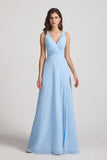 Alfa Bridal Light Sky Blue V-Neck Pleated Chiffon Criss-cross Straps Bridesmaid Dresses (AF0170)