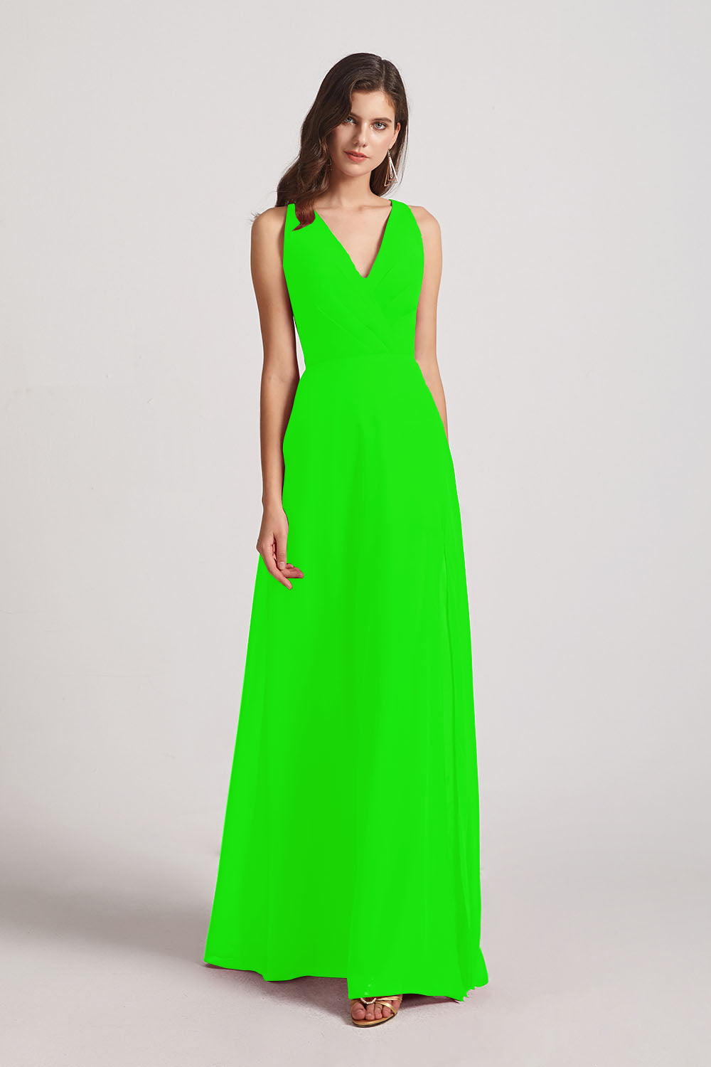 Alfa Bridal Lime Green V-Neck Pleated Chiffon Criss-cross Straps Bridesmaid Dresses (AF0170)