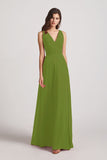 Alfa Bridal Olive Green V-Neck Pleated Chiffon Criss-cross Straps Bridesmaid Dresses (AF0170)