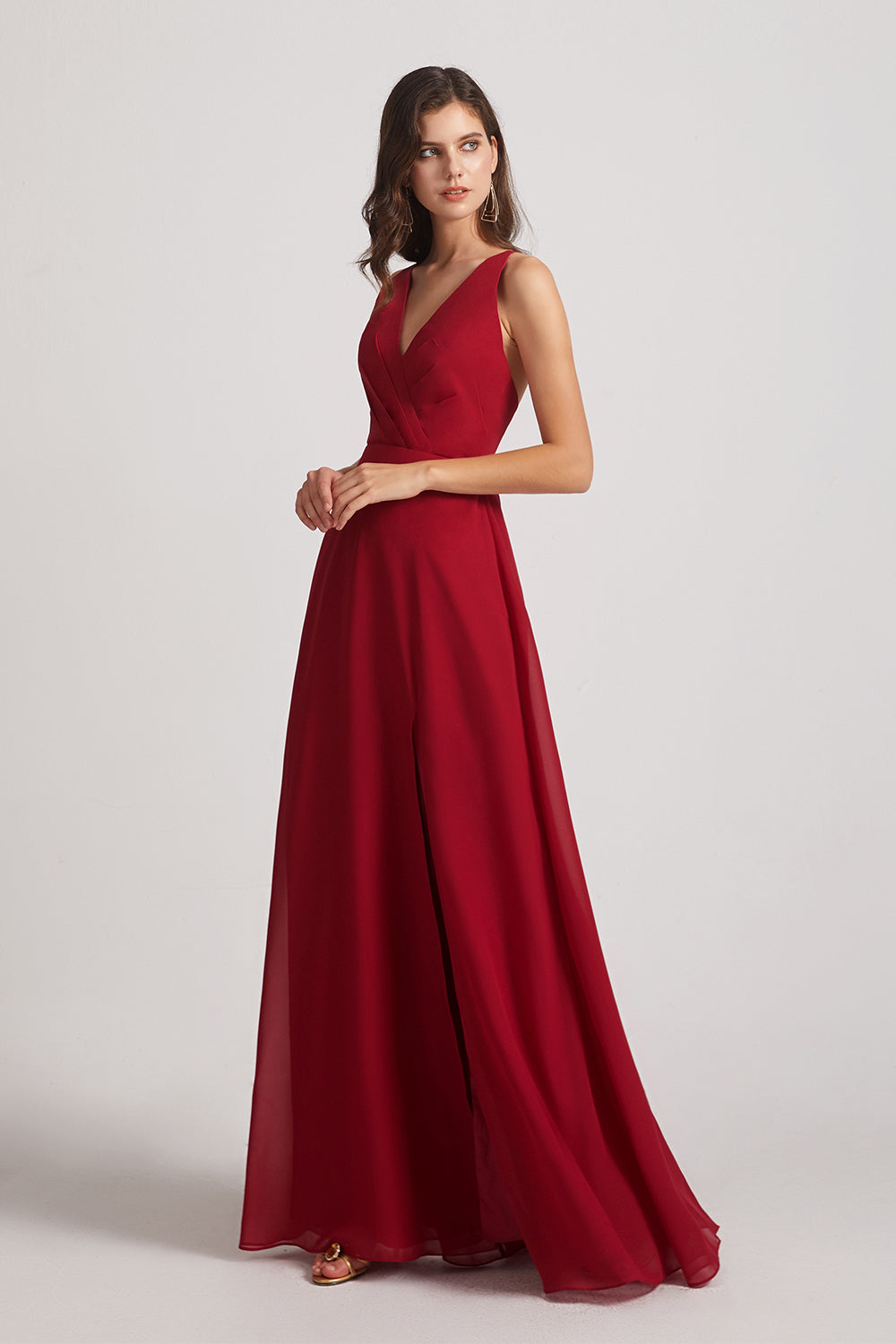 Alfa Bridal Dark Red V-Neck Pleated Chiffon Criss-cross Straps Bridesmaid Dresses (AF0170)